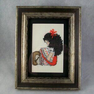 Dale Burdett Finished Cross Stitch Dark Haired Doll Easel Frame Art 7" x 9"